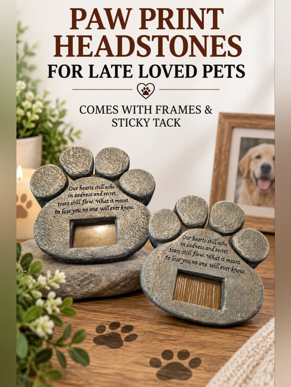 1 Paw Print Pet Headstone with Frames & Sticky Tack Blocks